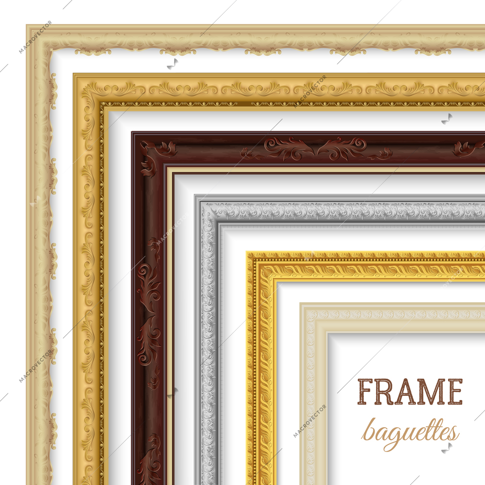 Frame baguettes realistic set for paintings and pictures isolated vector illustration