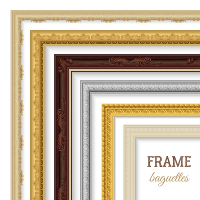 Frame baguettes realistic set for paintings and pictures isolated vector illustration