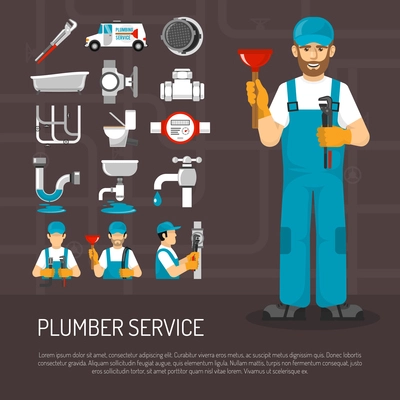 Plumbing service decorative icons set with repairmen pipeline faucet  meter sanitary ware on black background vector illustration