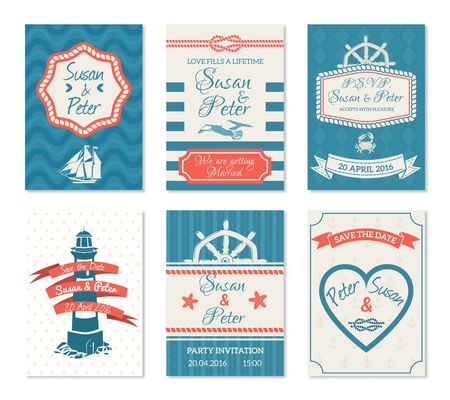 Flat wedding invitation cards set in nautical style with marine decoration of lighthouse sea waves helm elements isolated vector illustration