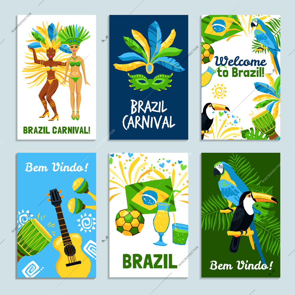 Set of colorful posters  with traditional elements of brazil nature and culture vector illustration