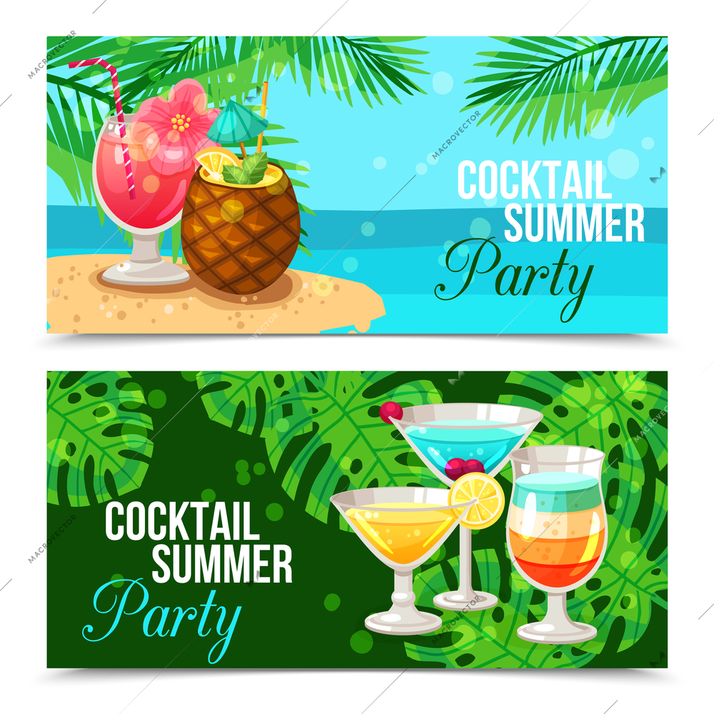 Horizontal banners presenting cocktail summer party different cocktails on green and blue backgrounds with palm branches vector illustration