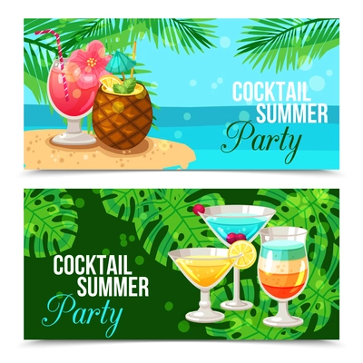 Horizontal banners presenting cocktail summer party different cocktails on green and blue backgrounds with palm branches vector illustration