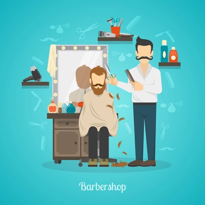 Color illustration depicting hairdresser in barber shop cutting client vector illustration