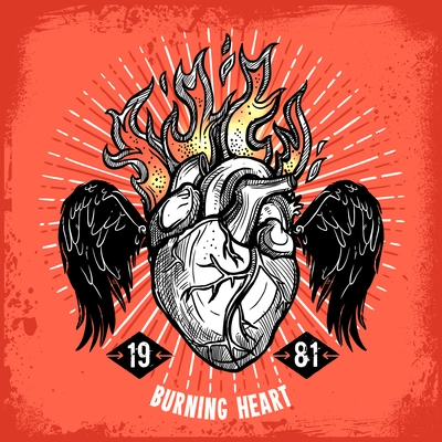 Poster of hand drawn burning heart with wings tattoo on red background vector illustration