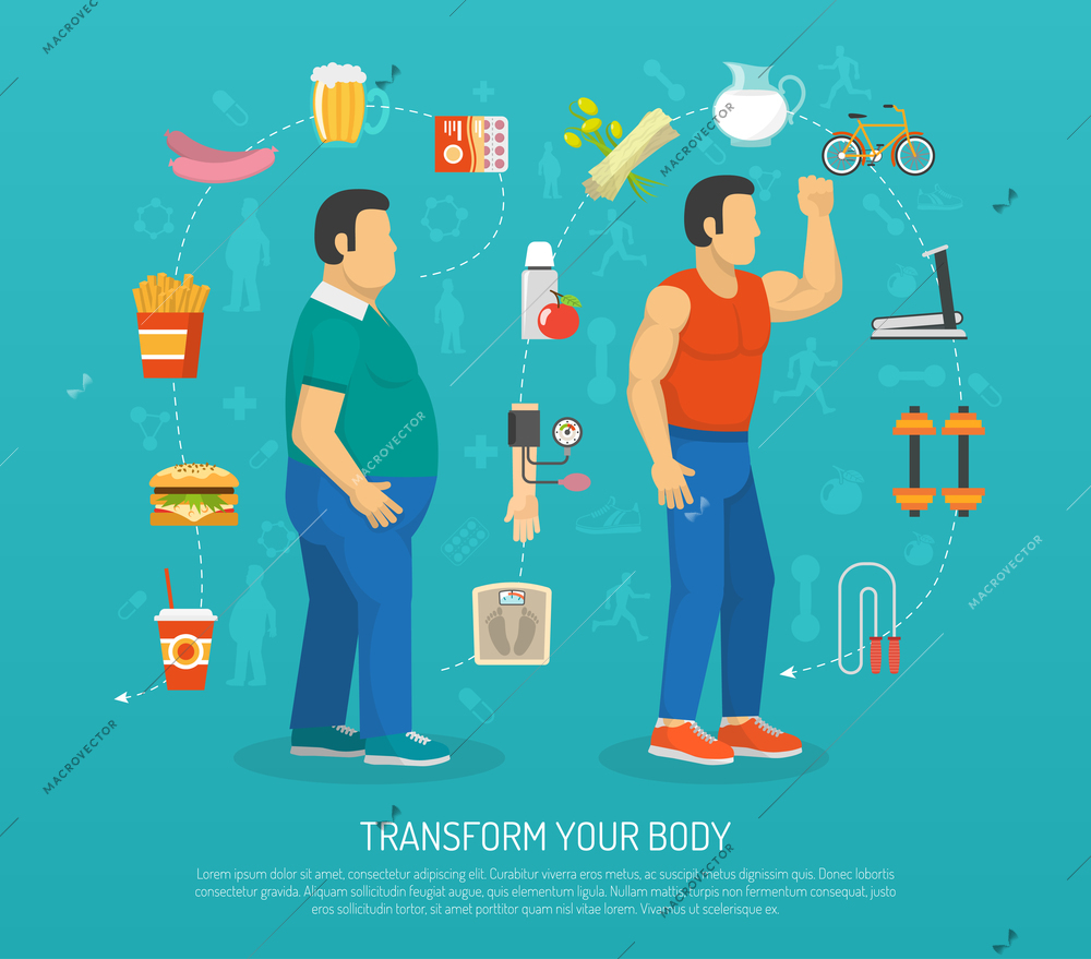 Color illustration transformation body man with obesity by workout and diet vector illustration