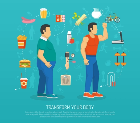 Color illustration transformation body man with obesity by workout and diet vector illustration