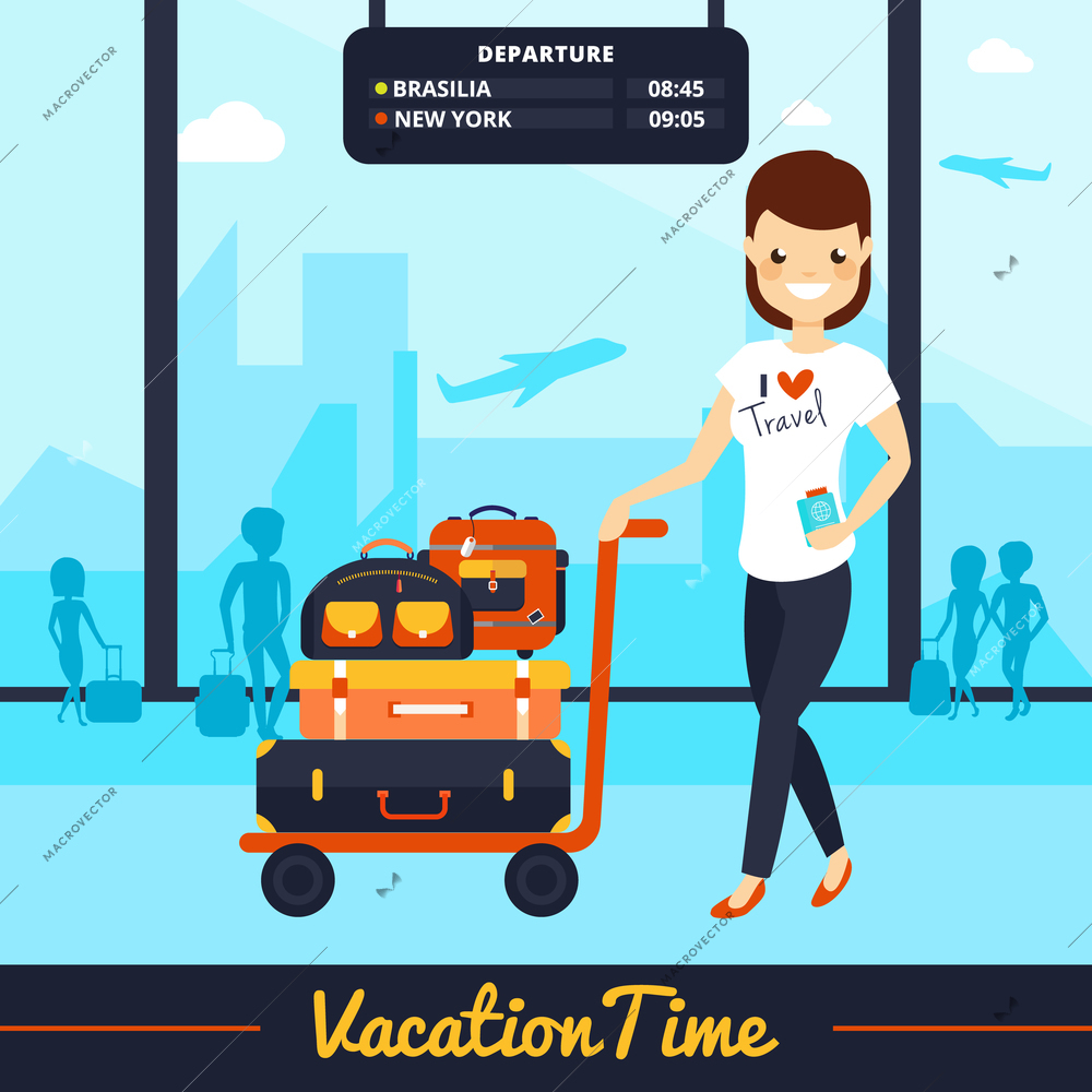 Travel luggage illustration with smiling woman and bags in vacation time vector illustration