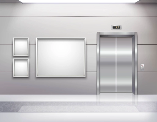 Realistic empty elevator hall interior with close metallic lift doors marble floor fluorescent light in ceiling and grey walls vector illustration