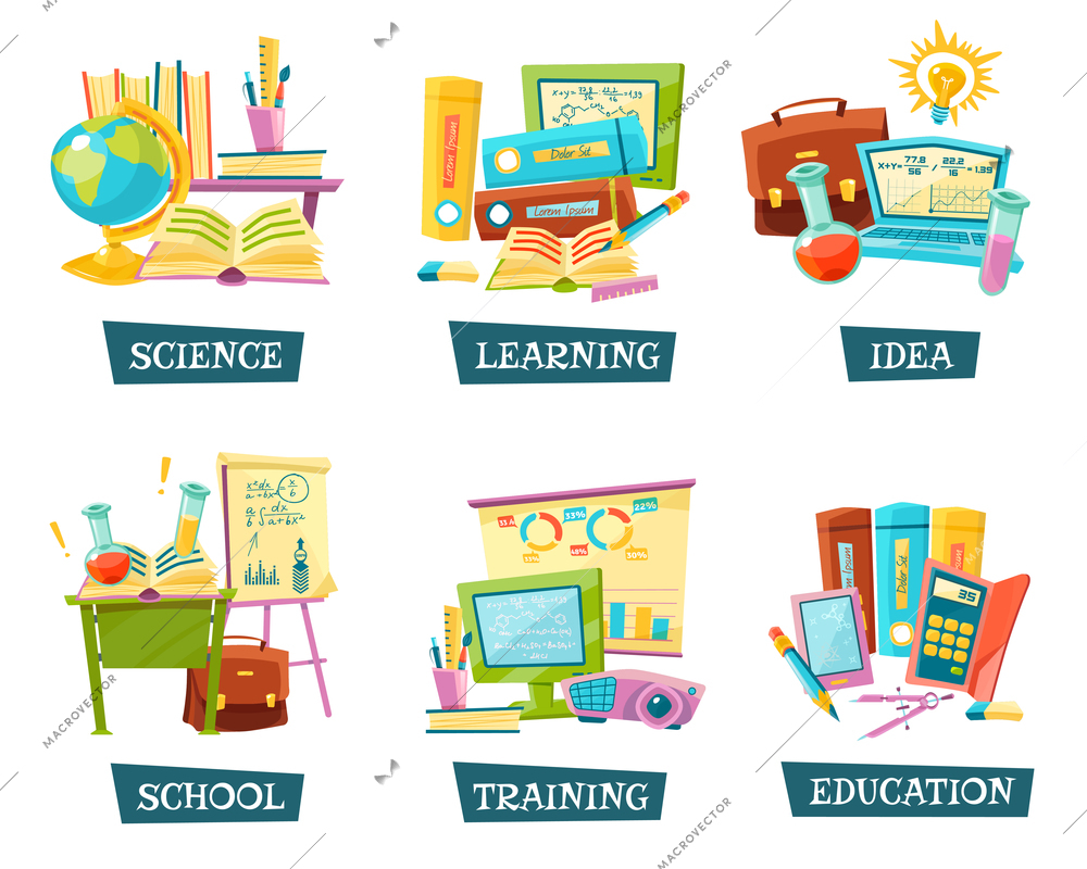 Modern and traditional school training educational materials supplies for classrooms 6 flat compositions set abstract vector illustration