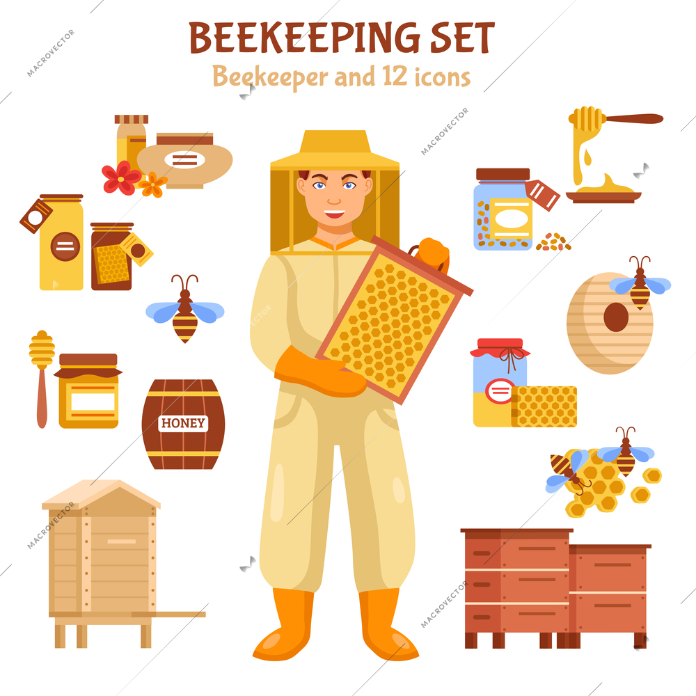 Beekeeping honey icon set with man working with honey other attributes and elements vector illustration