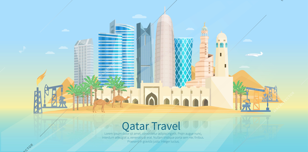 Qatar skyline flat poster with modern buildings camels and oil drilling rig vector illustration