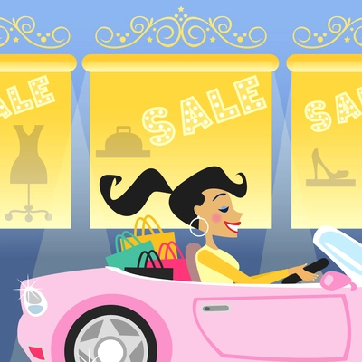 Shopping girl in luxury car goes for sale vector illustration