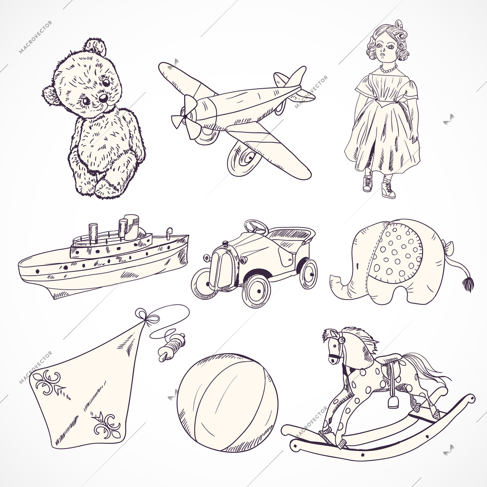 Vintage kids toys sketch icons set of teddy bear doll airplane car elephant isolated vector illustration