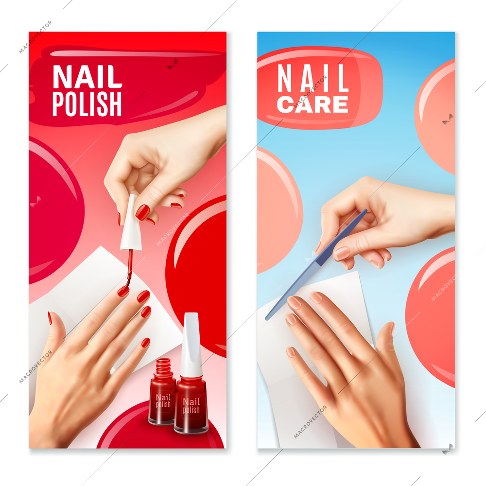 Daily nail care filing and manicure polish with red varnish two vertical banners set realistic vector illustration