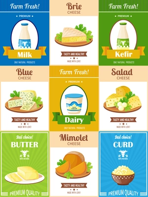 Dairy products poster set with presentation different kinds of cheese butter curd kefir and milk flat vector illustration