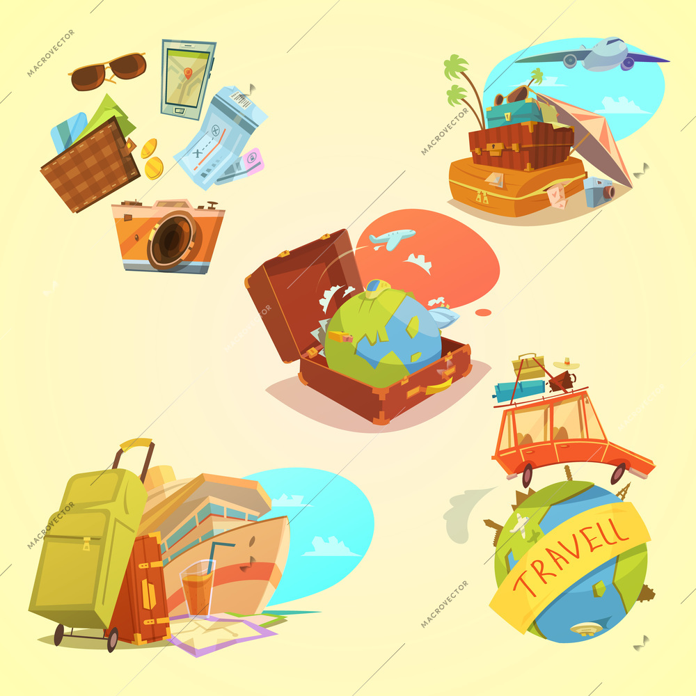 Travel cartoon set with map luggage and transport symbols on yellow background  isolated vector illustration