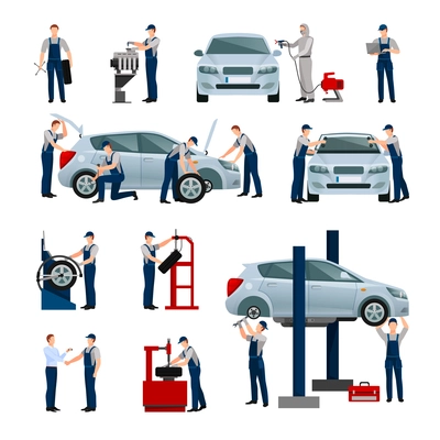 Flat icons set of different workers in car and tire service doing their work isolated vector illustration