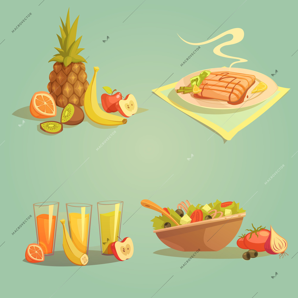 Healthy food and drinks cartoon set with fruit juice and salad isolated vector illustration