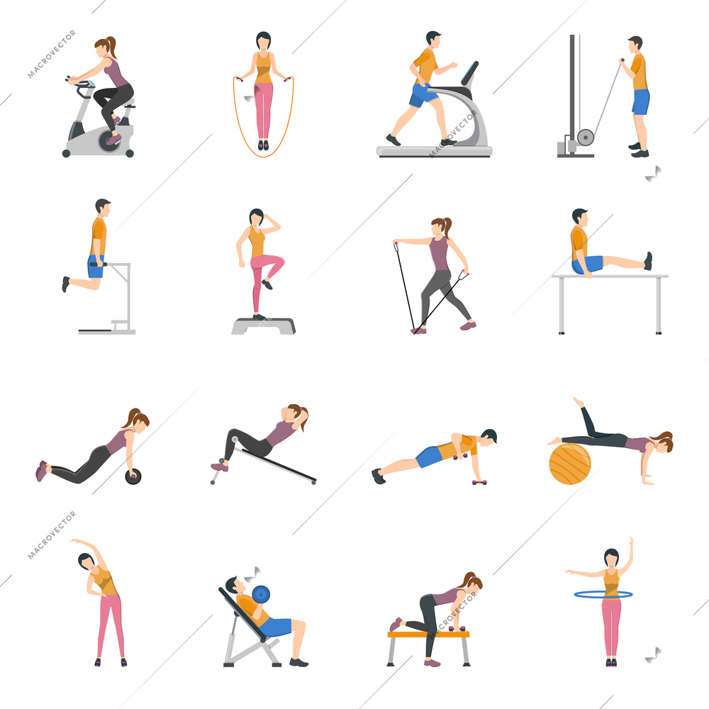 People training at gym and using different sports equipment flat icons set isolated vector illustration