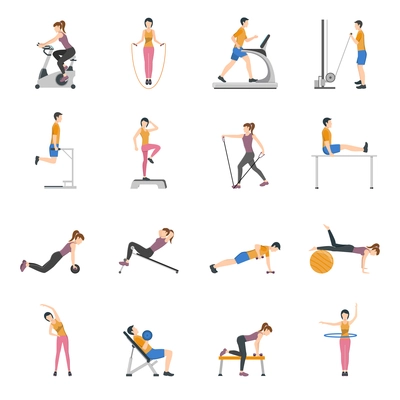 People training at gym and using different sports equipment flat icons set isolated vector illustration