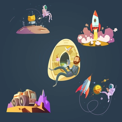 Space cartoon set with spaceship cosmonaut and planet isolated vector illustration