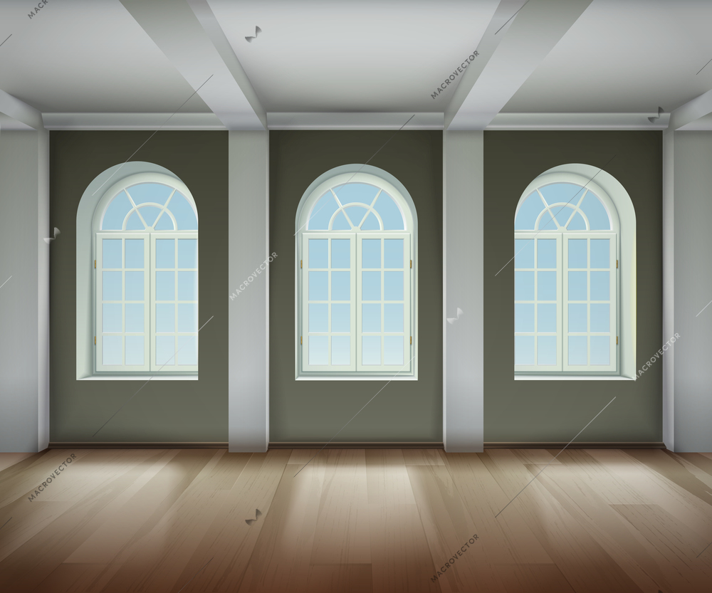 Room With Arched Windows Background. Empty Room Interior Vector Illustration. Arched Windows Design. Room Interior Realistic Decorative Illustration.