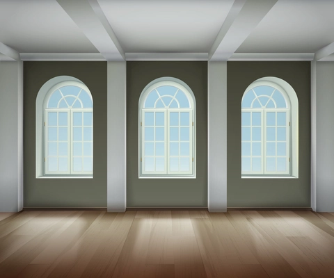 Room With Arched Windows Background. Empty Room Interior Vector Illustration. Arched Windows Design. Room Interior Realistic Decorative Illustration.