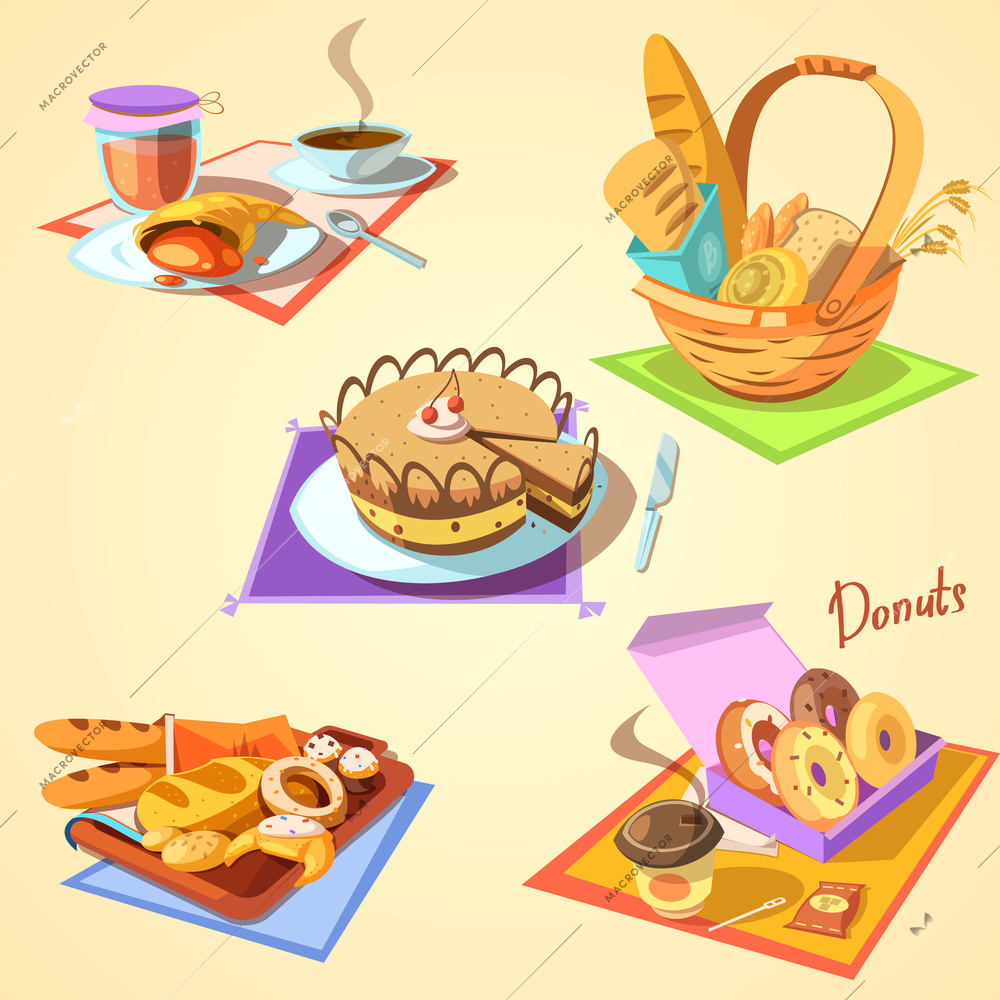 Bakery cartoon set with retro style sweet food isolated vector illustration