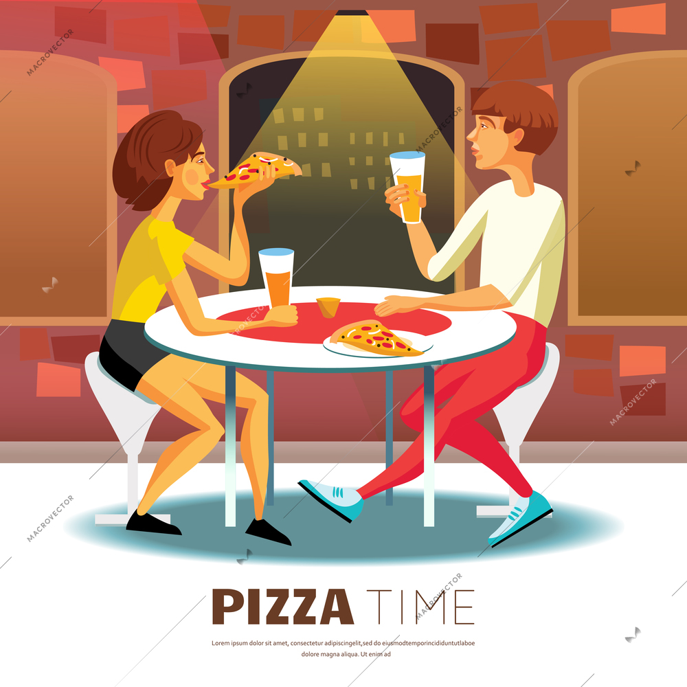 Pizza Time Background. Eating Out Vector Illustration. Pizza Time Design. Pizzeria Cartoon Decorative Symbols.