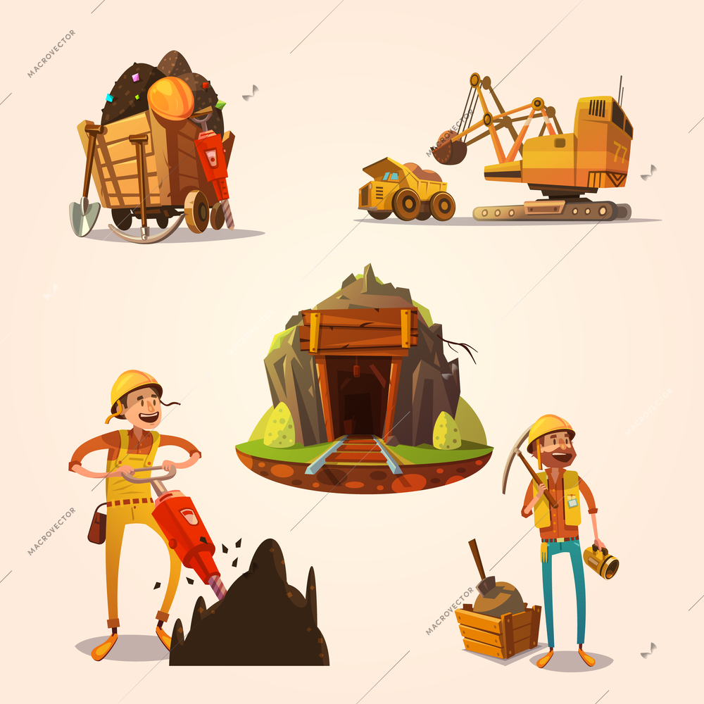 Mining concept set with retro cartoon style labor workers cartoon style isolated vector illustration