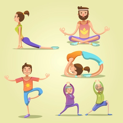 Yoga retro cartoon set with men and women in different poses isolated vector illustration