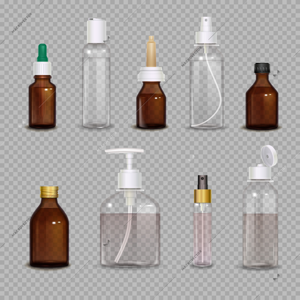 Realistic images set of different bottles for pharmaceutical or makeup means on transparent background isolated vector illustration