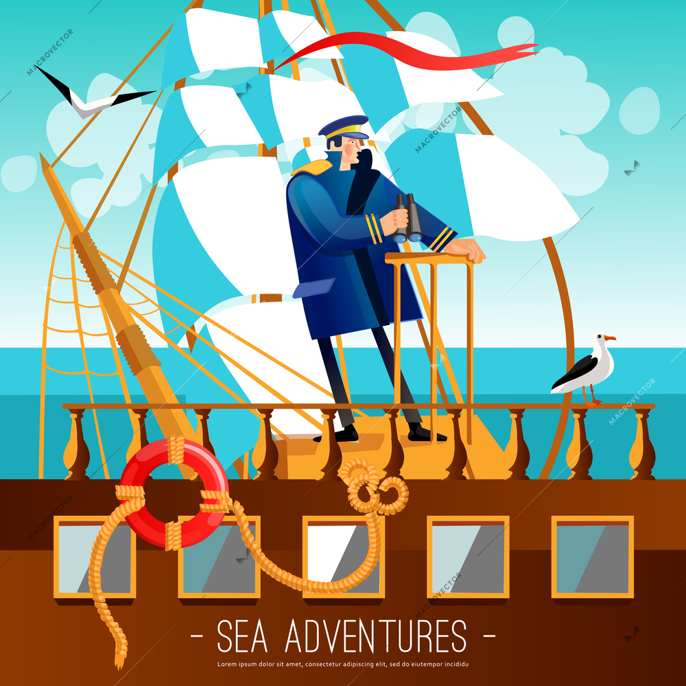 Sea Adventures Background. Nautical Adventures Vector Illustration. Tall Ship Captain Design. Sailing Cartoon Decorative Symbols.