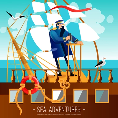 Sea Adventures Background. Nautical Adventures Vector Illustration. Tall Ship Captain Design. Sailing Cartoon Decorative Symbols.