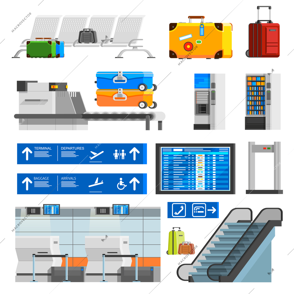 Airport interior flat color decorative icons set with portmanteaus suitcases checkpoint schedule scoreboard escalator isolated vector illustration