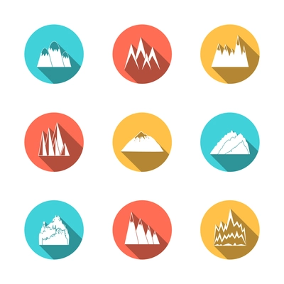 A collection of snowy mountains peaks outlines pictograms icons in circles set flat vector illustration