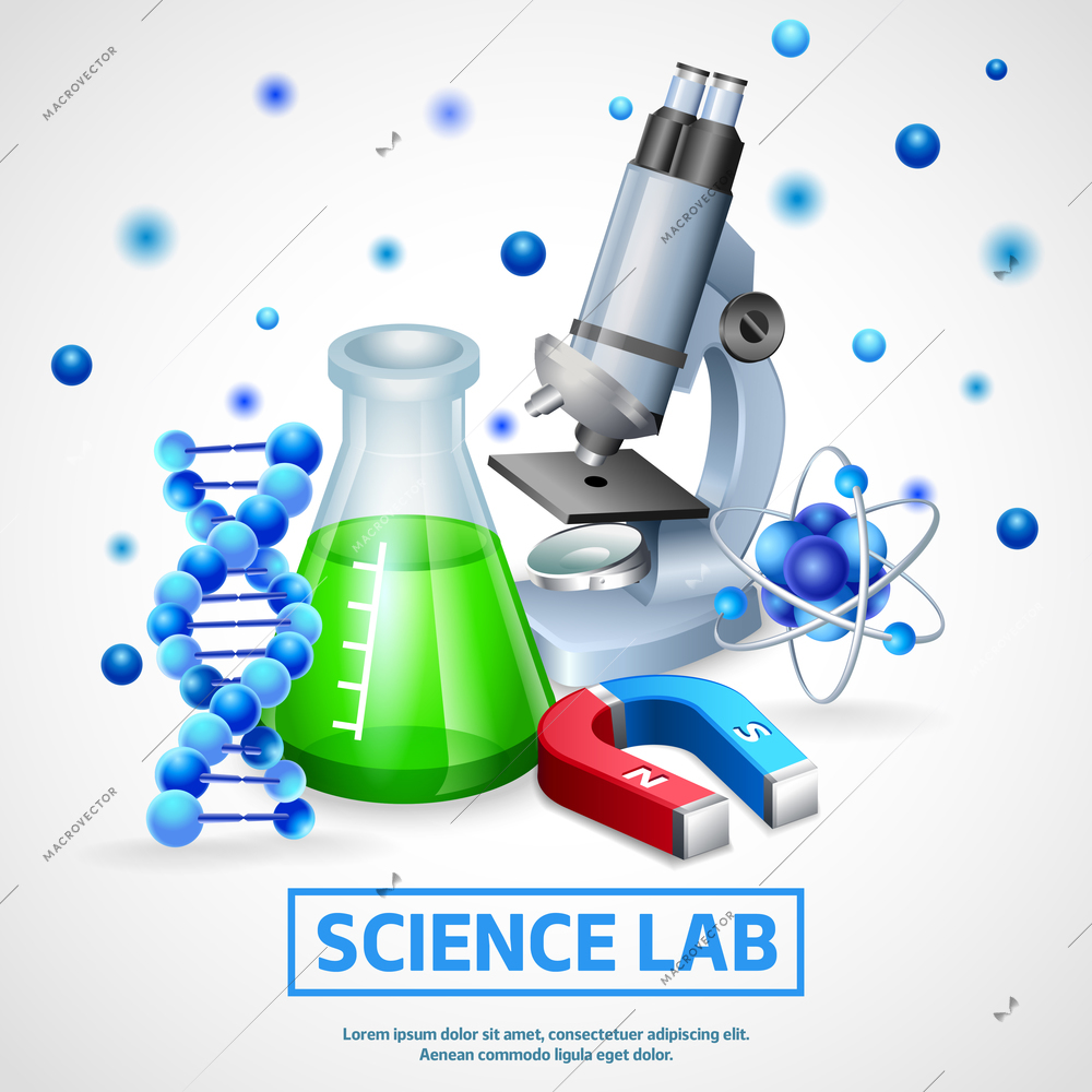 Scientific laboratory realistic design concept with microscope model of dna molecule and flask with chemical reagent vector illustration