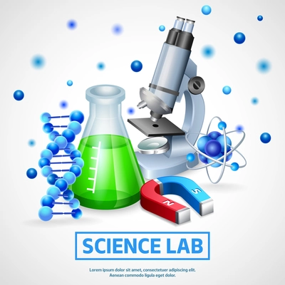 Scientific laboratory realistic design concept with microscope model of dna molecule and flask with chemical reagent vector illustration