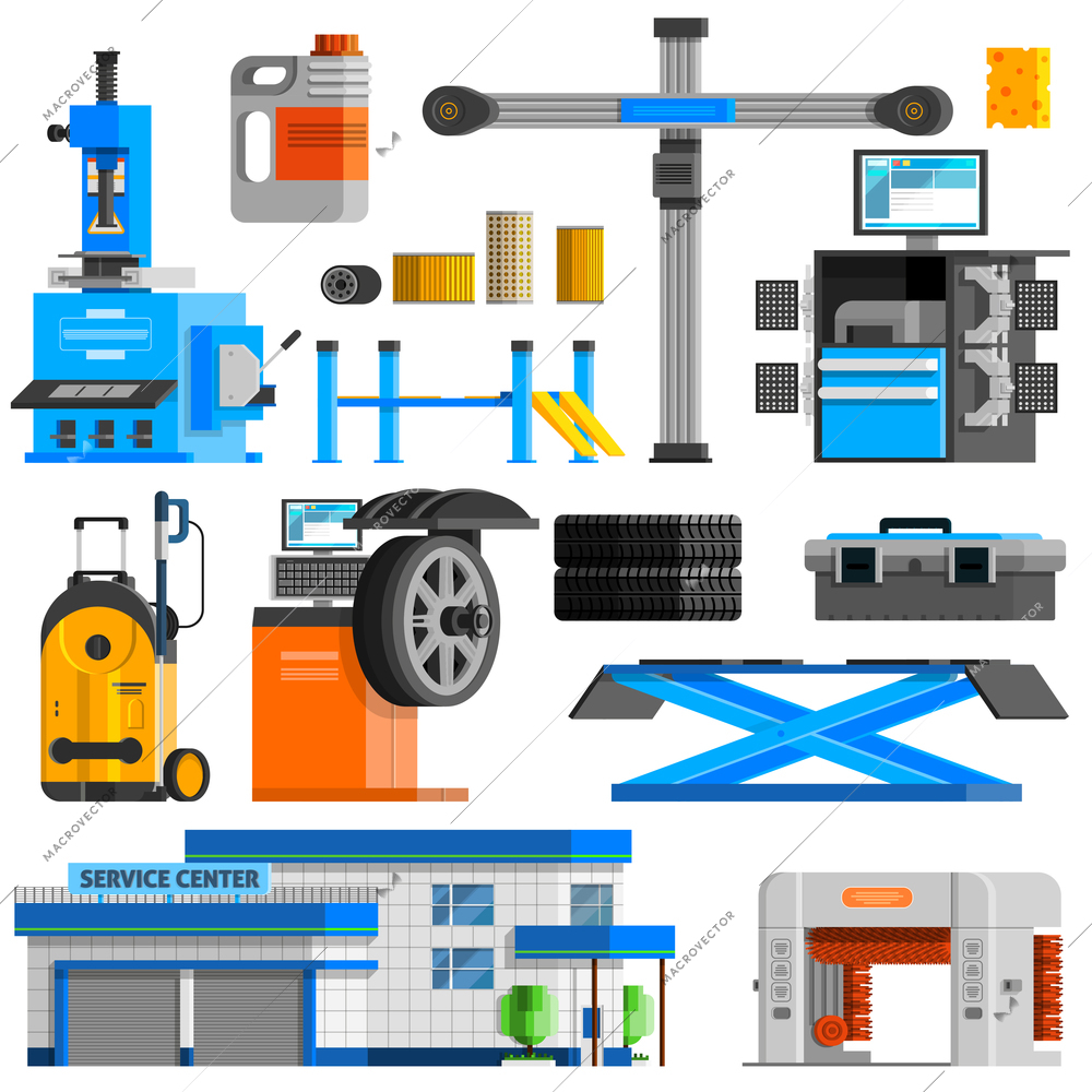 Auto service flat decorative icons set with equipment for repair computer diagnostics and technical inspection isolated vector illustration