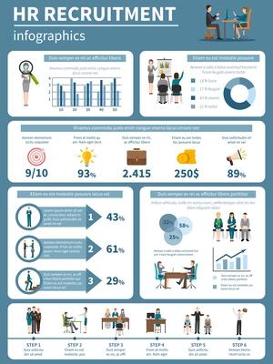 Recruitment HR people infographics presenting steps of hiring and searching for applicants flat vector illustration