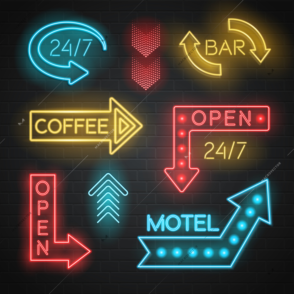 Motel and bar neon realistic arrows set on bricks background isolated vector illustration