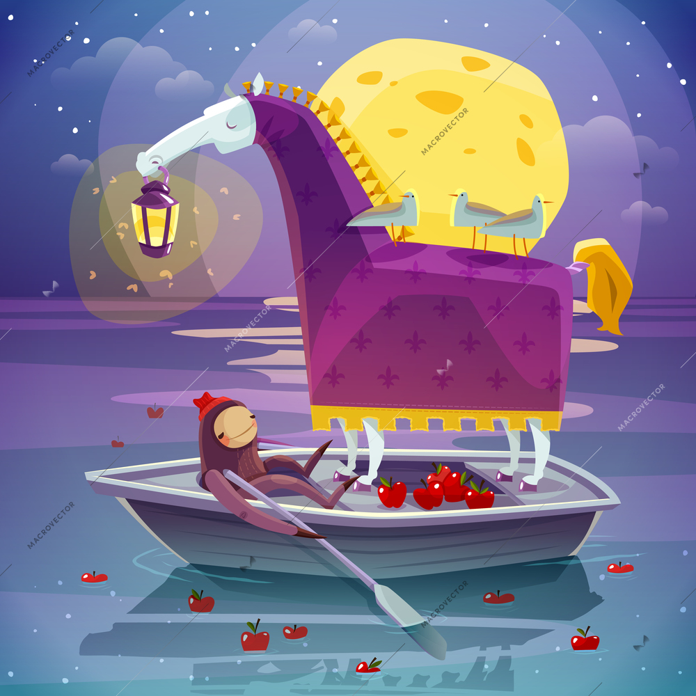 Surreal night dream image of horse with girl in boat with big yellow moon background poster vector illustration