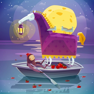 Surreal night dream image of horse with girl in boat with big yellow moon background poster vector illustration