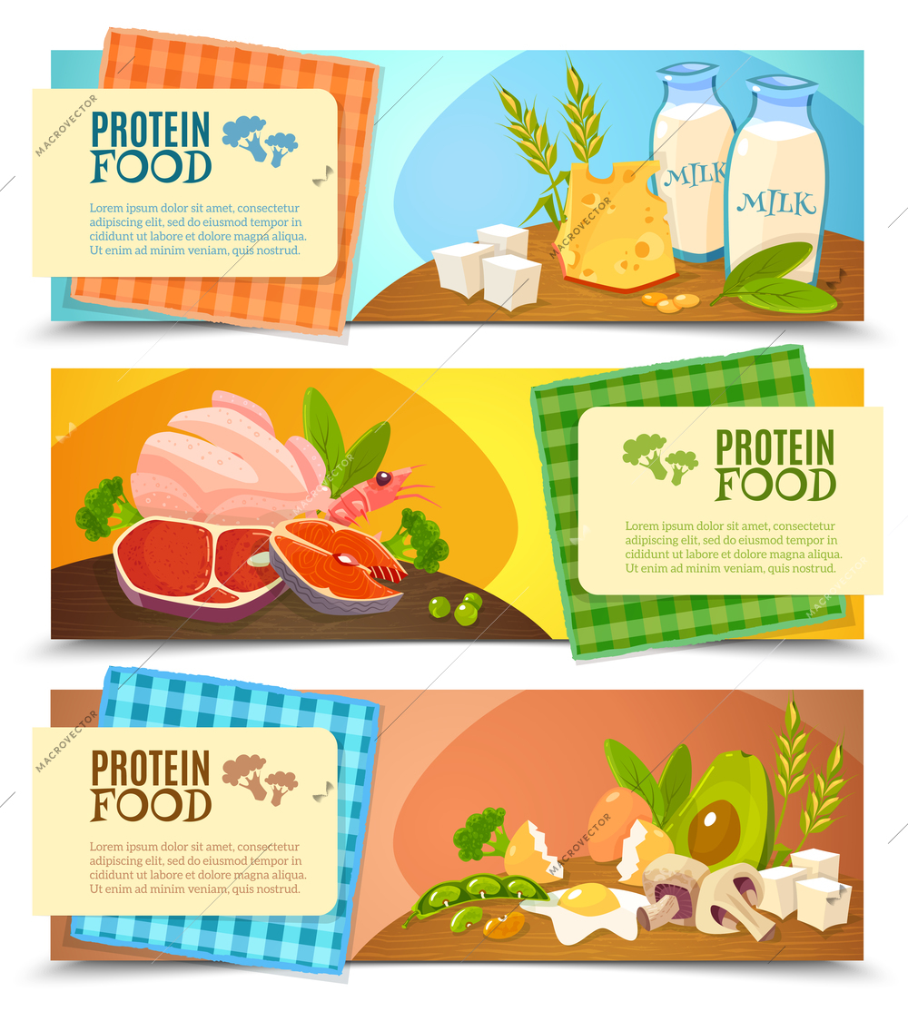 Healthy diet 3 horizontal flat banners set with information on high protein food abstract isolated vector illustration