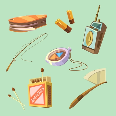 Hiking equipment set with axe matches and knife on green background isolated vector illustration