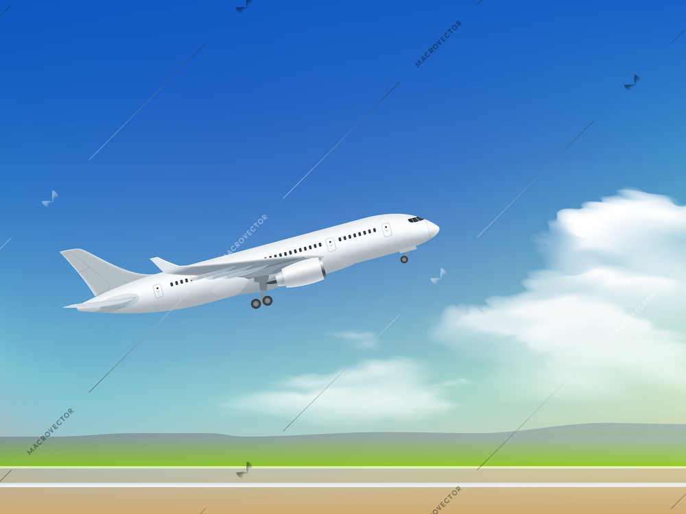 White plane off the ground take off poster on the background of clouds and sky runway vector illustration