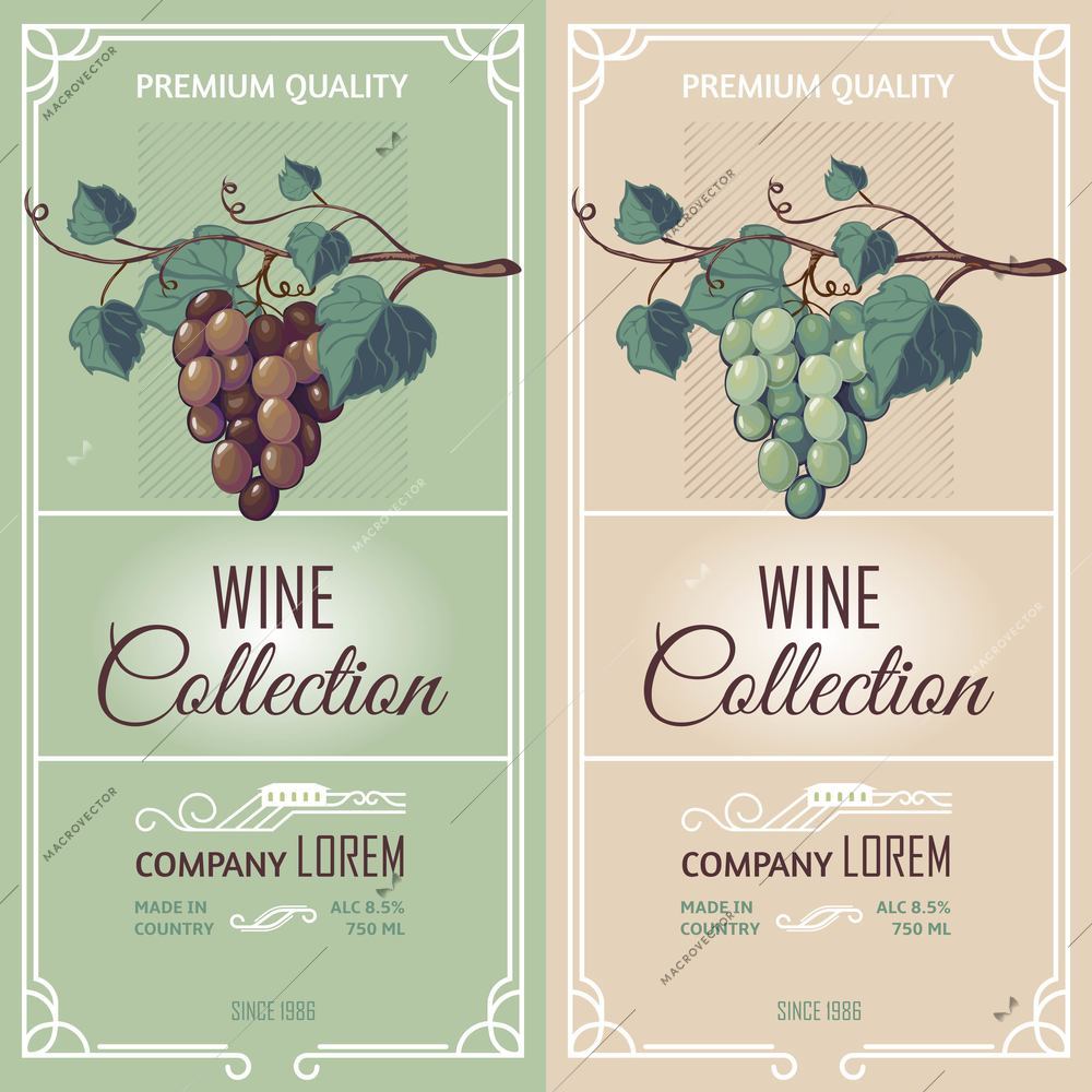 Two vertical banners in retro style representing vine label advertising wine collection premium quality flat vector illustration