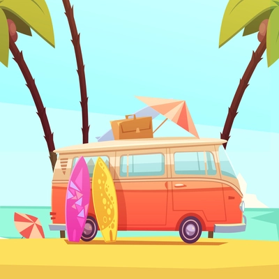 Surfing and bus with surfboards case and umbrella ready for trip flat retro cartoon vector illustration