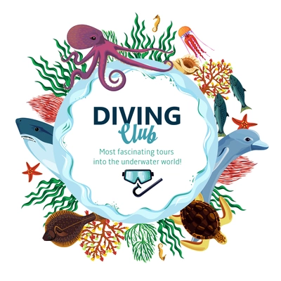 Diving club advertising with round decorative frame consisting of sea underwater inhabitants vawes and seaweed flat vector illustration